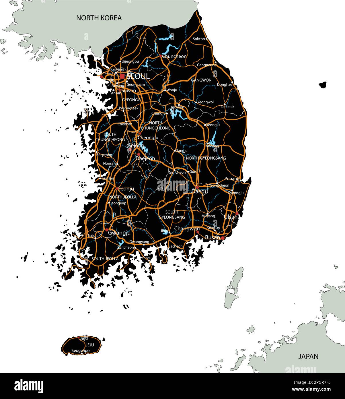 Mappa stradale della Corea del Sud dettagliata con etichettatura. Illustrazione Vettoriale
