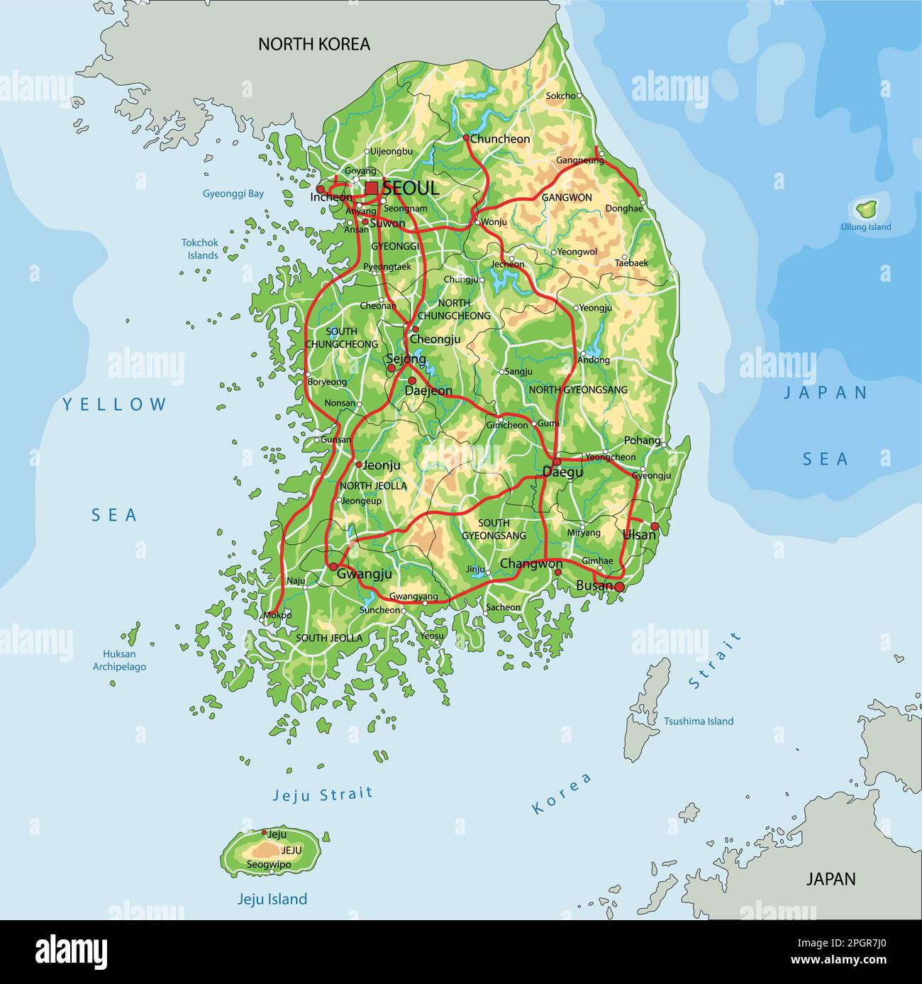 Mappa fisica della Corea del Sud estremamente dettagliata con