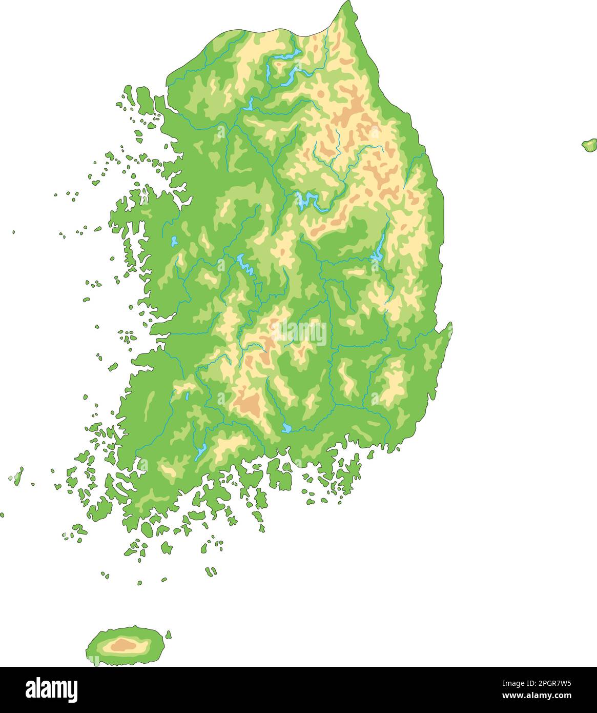 Mappa fisica della Corea del Sud estremamente dettagliata. Illustrazione Vettoriale