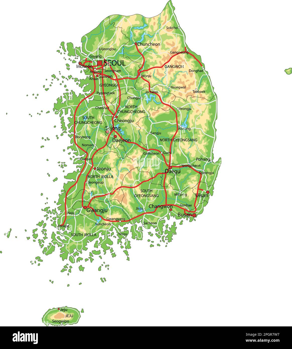 Mappa fisica della Corea del Sud estremamente dettagliata con etichettatura. Illustrazione Vettoriale