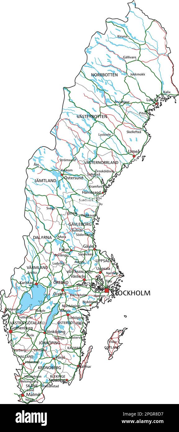 Mappa stradale e autostradale della Svezia. Illustrazione vettoriale. Illustrazione Vettoriale