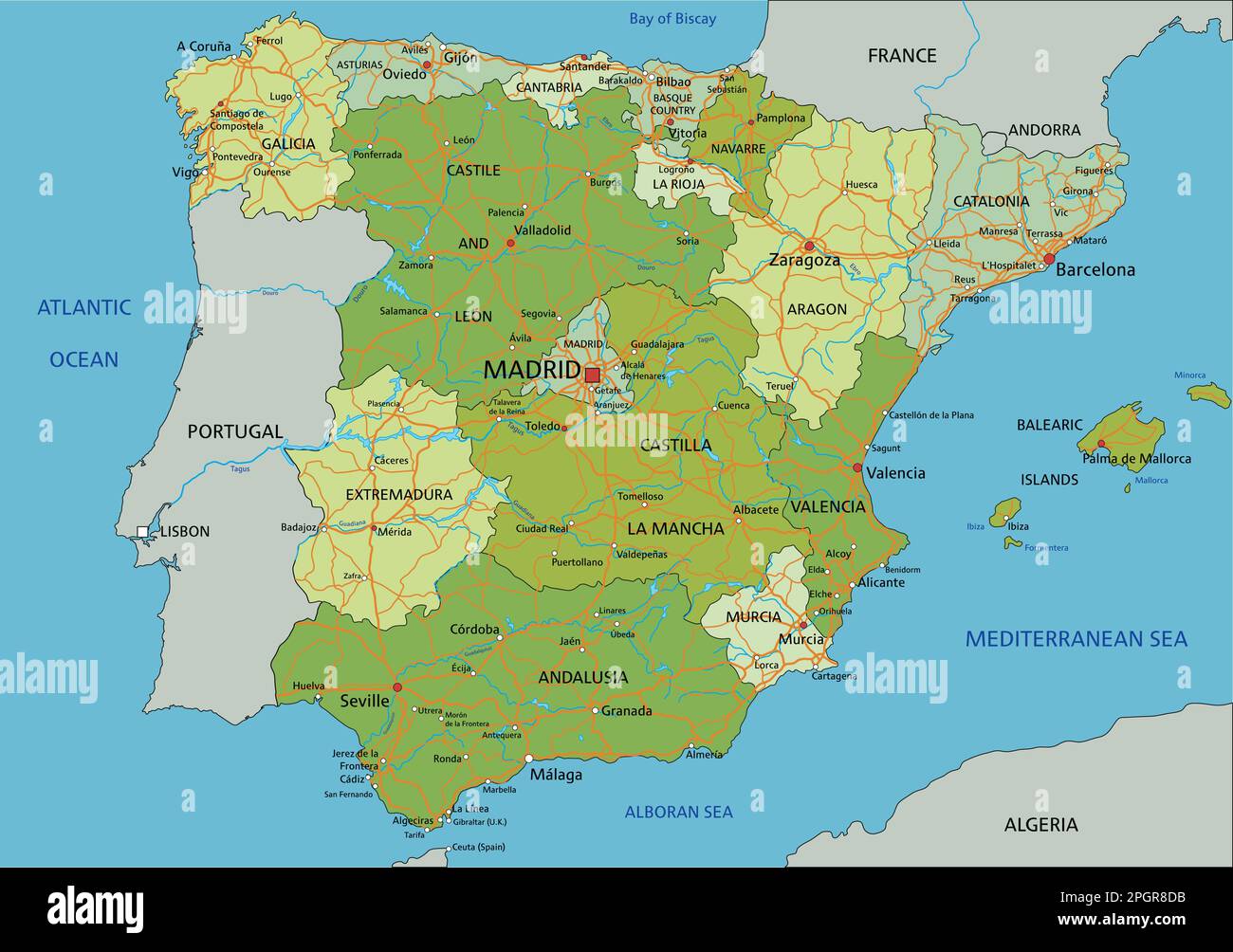 Spagna - Mappa politica modificabile molto dettagliata con livelli separati. Illustrazione Vettoriale