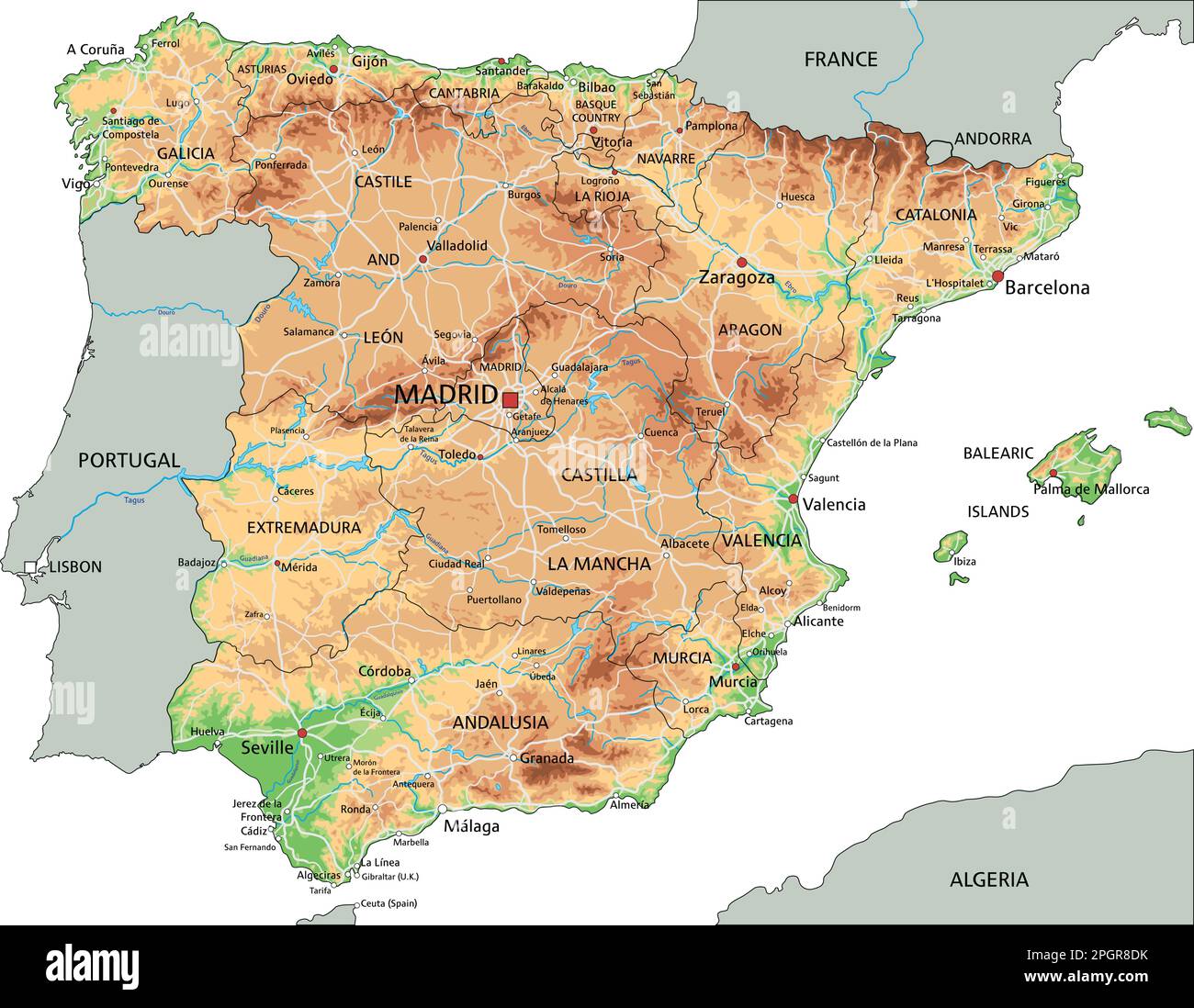Mappa fisica Spagna dettagliata con etichettatura. Illustrazione Vettoriale
