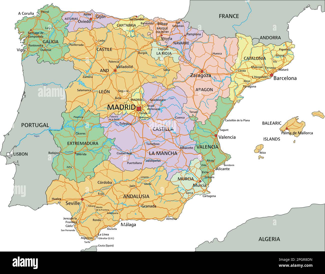 Spagna - Mappa politica modificabile molto dettagliata con etichettatura. Illustrazione Vettoriale
