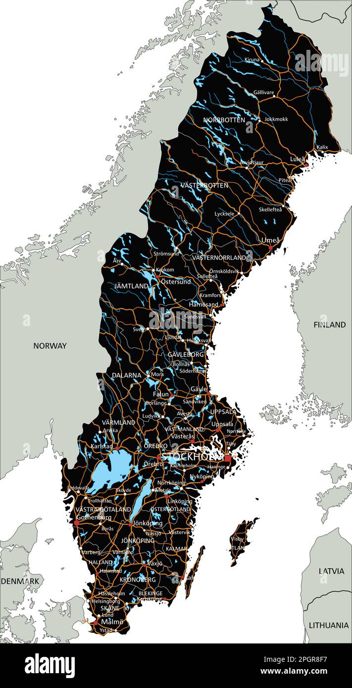 Tabella di marcia della Svezia dettagliata con etichettatura. Illustrazione Vettoriale