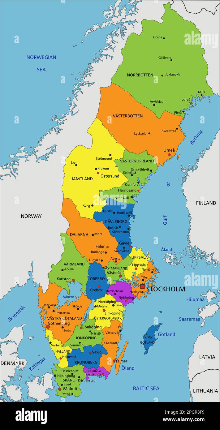 Mappa politica della Svezia colorata con strati separati e chiaramente etichettati. Illustrazione vettoriale. Illustrazione Vettoriale