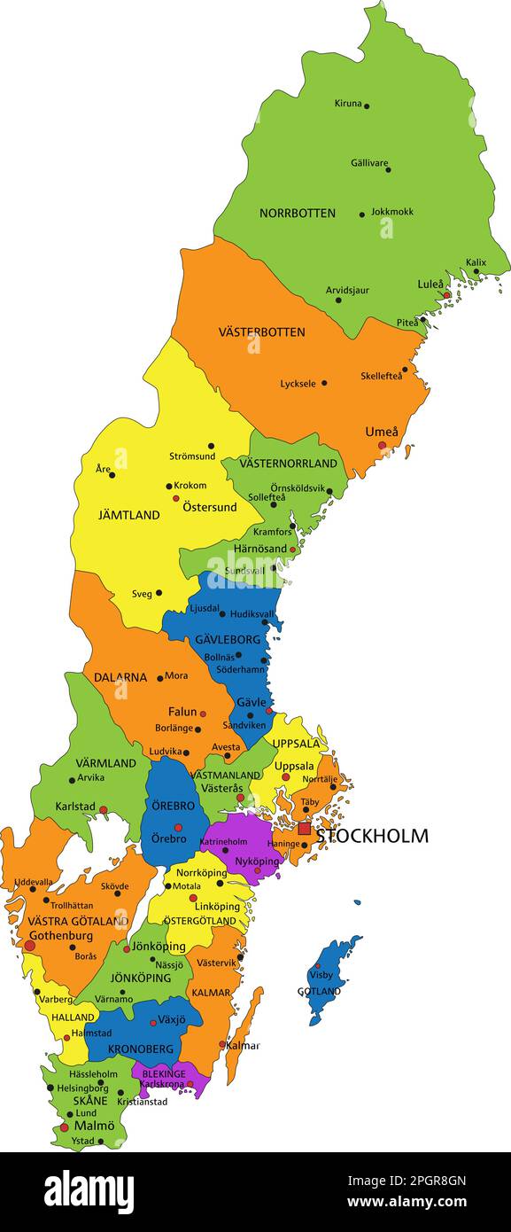 Mappa politica della Svezia colorata con strati separati e chiaramente etichettati. Illustrazione vettoriale. Illustrazione Vettoriale