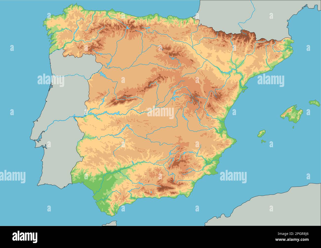 Mappa fisica Spagna dettagliata. Illustrazione Vettoriale