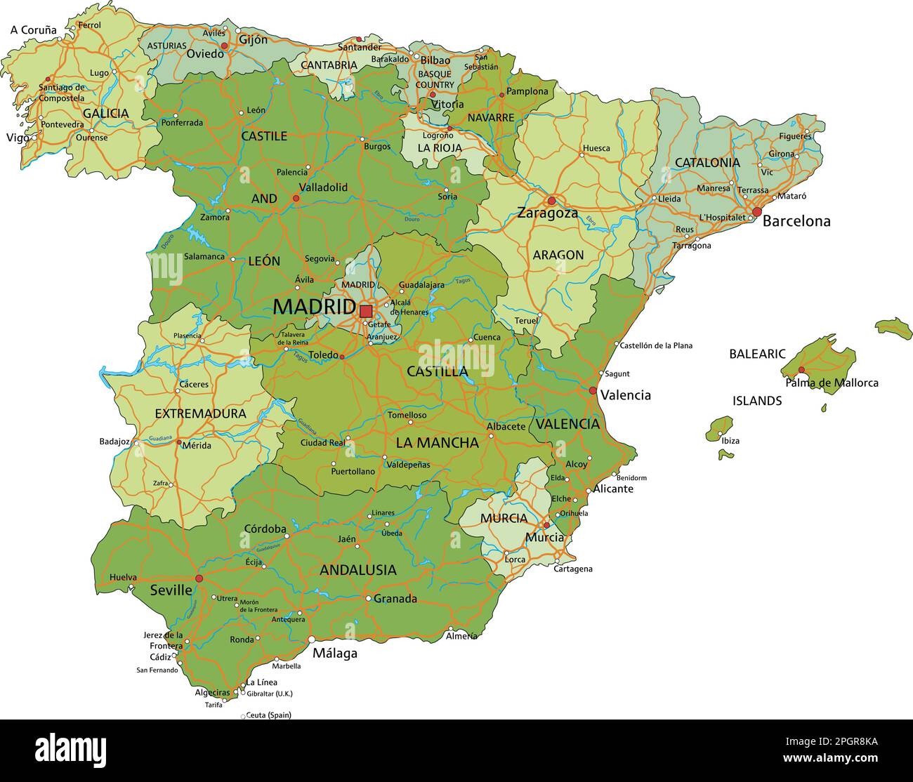 Spagna - Mappa politica modificabile molto dettagliata con livelli separati. Illustrazione Vettoriale