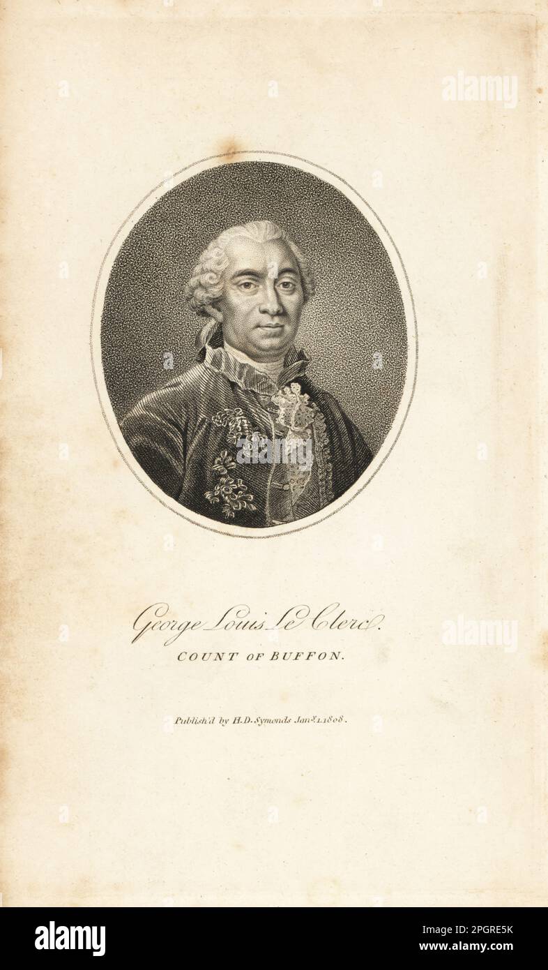 Ritratto ovale di George Louis le Clerc, conte di Buffon. Incisione su copperplate dall'edizione di James Smith Barr di Comte Buffon’s Natural History, A Theory of the Earth, General History of Man, Brute Creation, Vegetals, Minerals, T. Gillet, H. D. Symonds, Paternoster Row, Londra, 1808. Foto Stock
