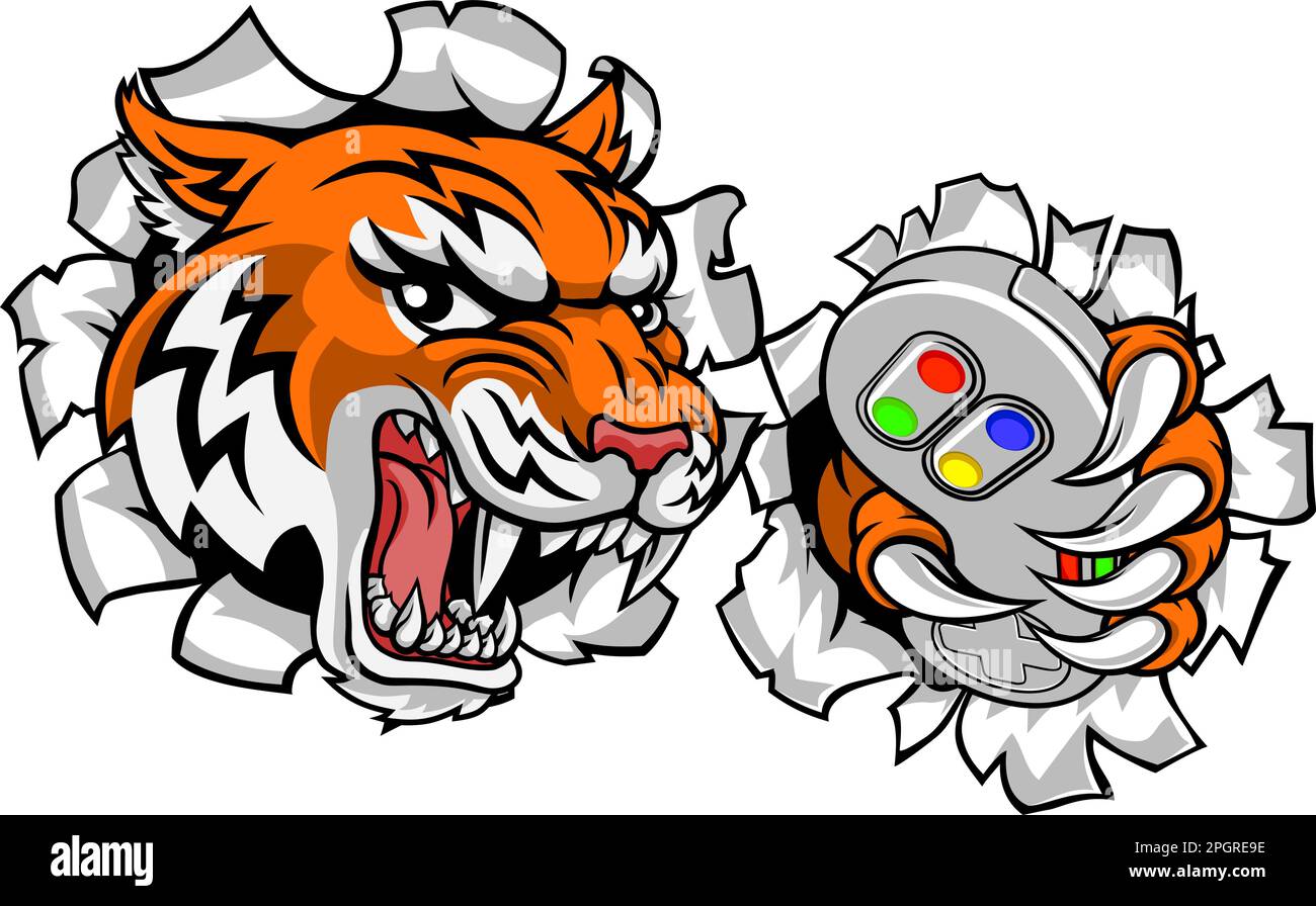 Tiger Gamer Video Game Controller mascotte cartoon Illustrazione Vettoriale