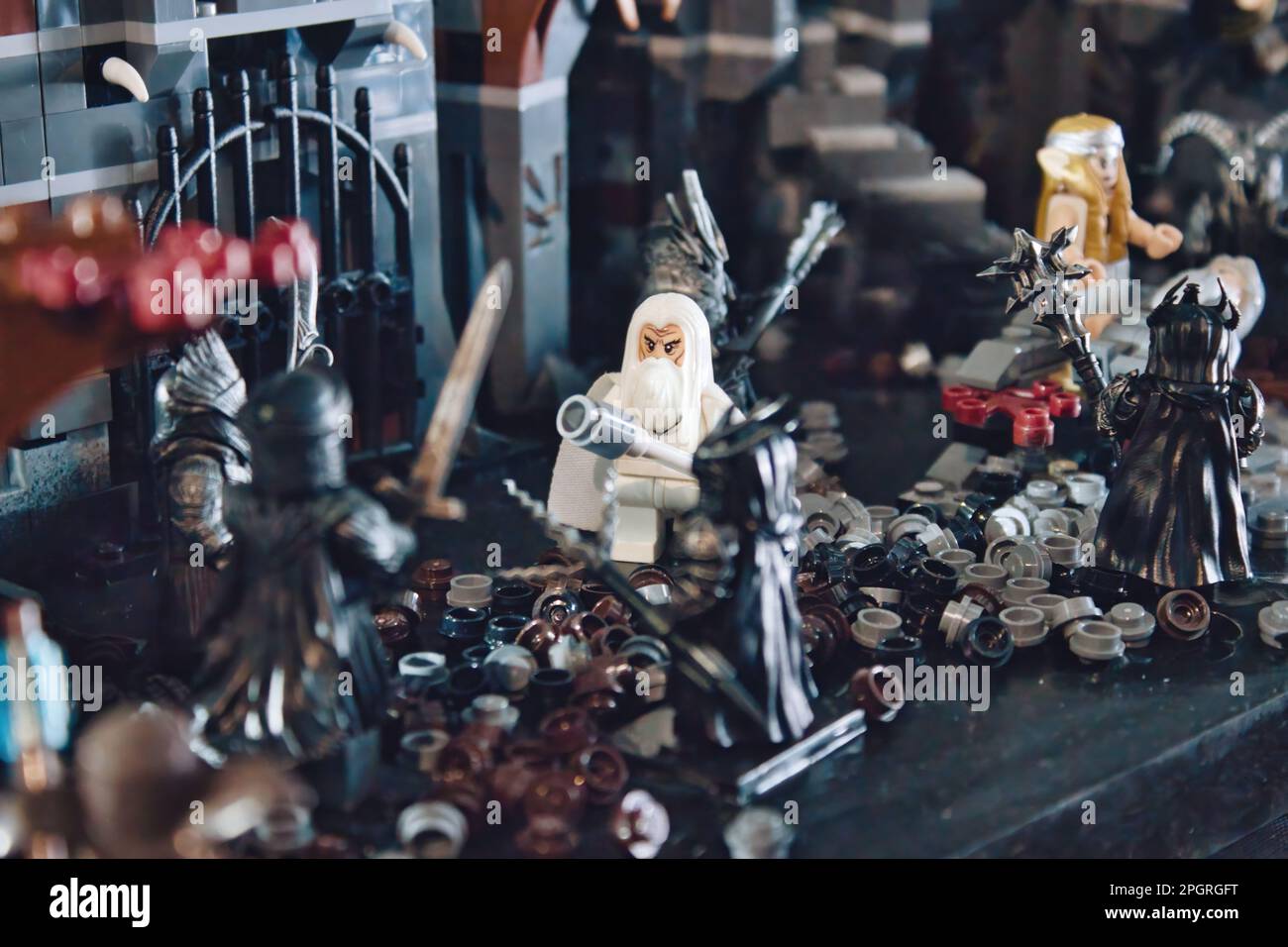 Primo piano di un diorama Lego di una scena della serie cinematografica Lord of the Rings Foto Stock