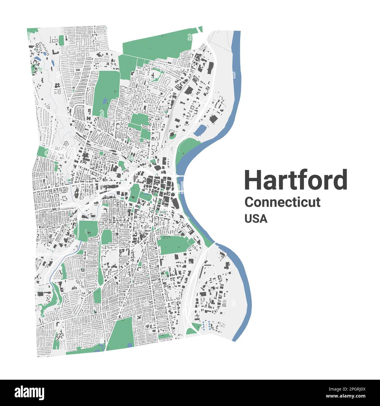 Hartford mappa, capitale dello stato USA del Connecticut. Mappa amministrativa comunale con edifici, fiumi e strade, parchi e ferrovie. Ve Illustrazione Vettoriale