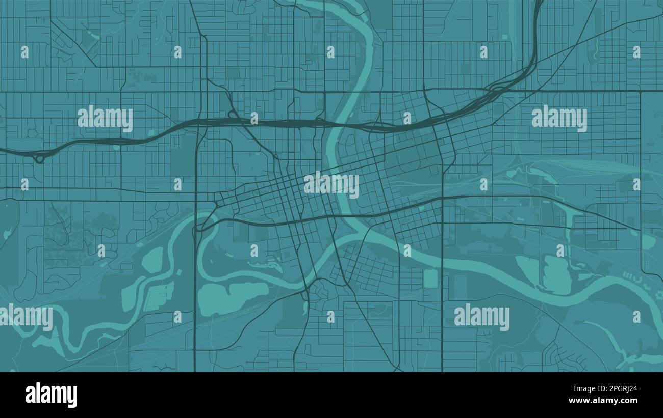 Sfondo Des Moines mappa, Iowa, verde menta città poster. Mappa vettoriale con strade e acqua. Proporzioni widescreen, roadmap digitale con design piatto. Illustrazione Vettoriale