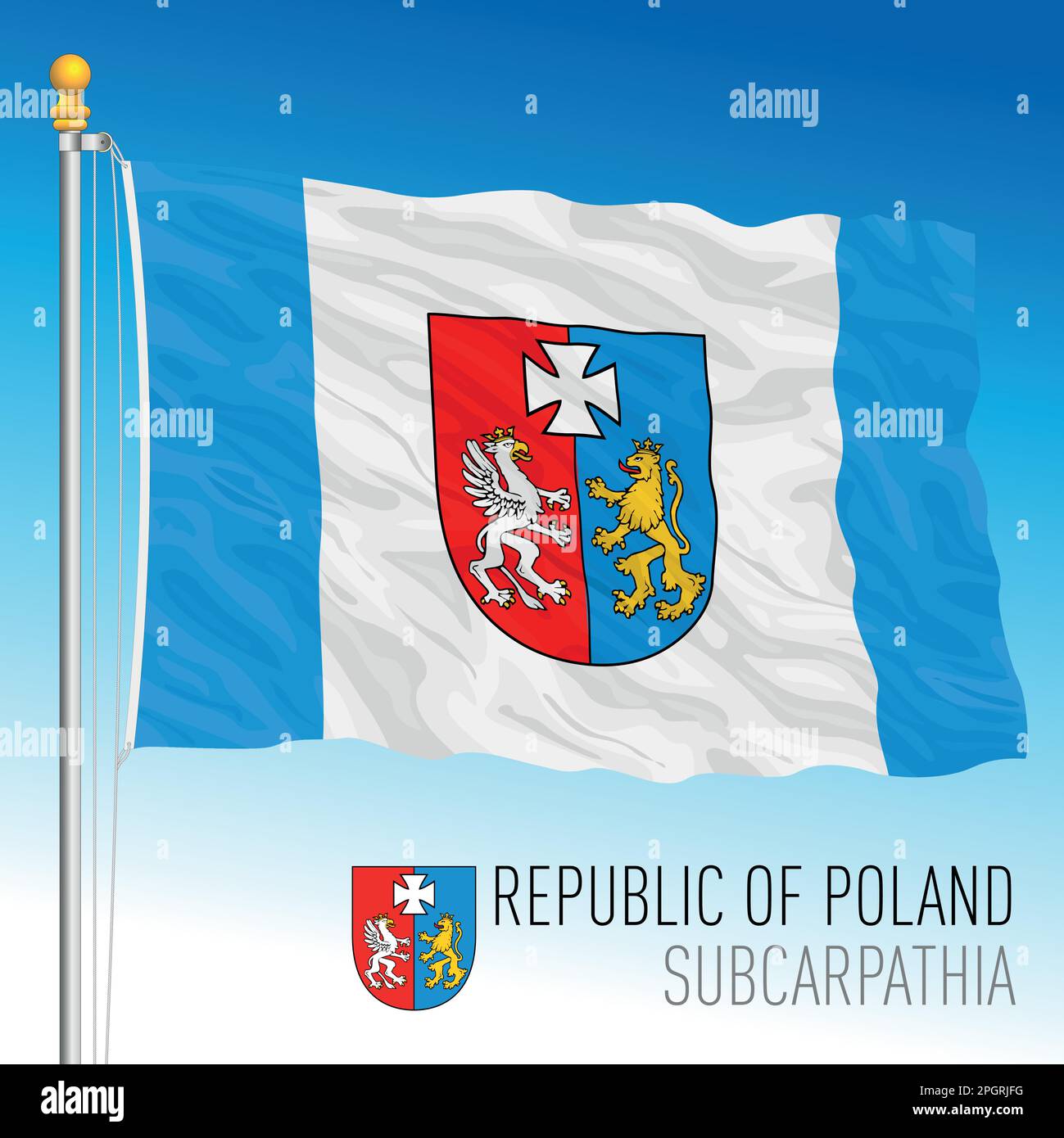 Bandiera regionale e stemma della Subcarpazia, Repubblica di Polonia, paese europeo, illustrazione vettoriale Illustrazione Vettoriale