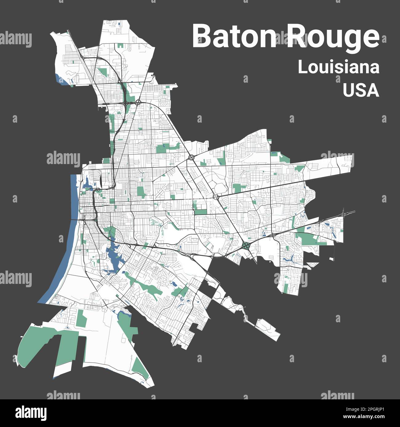 Mappa di Baton Rouge, capitale dello stato della Louisiana degli Stati Uniti. Mappa amministrativa comunale con fiumi e strade, parchi e ferrovie. Vettore illus Illustrazione Vettoriale