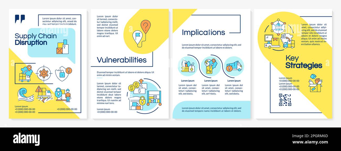 Modello di brochure blu e gialla per le interruzioni della catena di fornitura Illustrazione Vettoriale