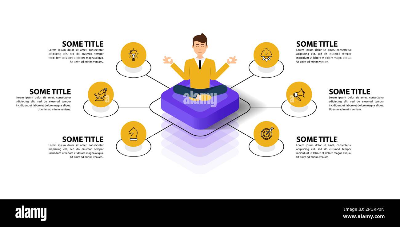 Modello infografico con icone e 6 opzioni o passaggi. Meditare l'uomo. Può essere utilizzato per il layout del flusso di lavoro, il diagramma, il banner, il webdesign. Vettore illustrati Illustrazione Vettoriale