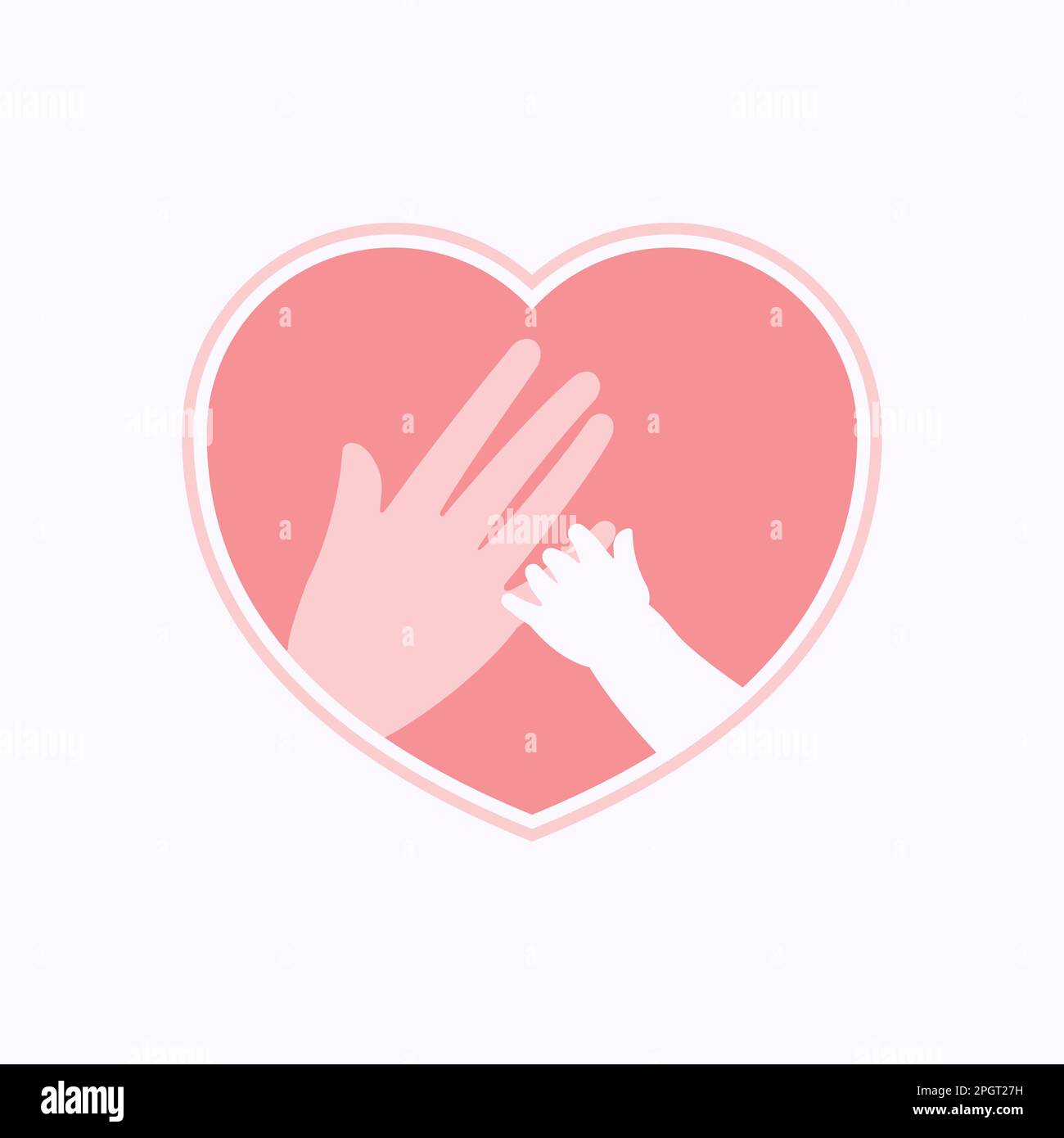 La piccola mano che tiene il dito della mano grande rappresenta la madre ed il bambino, nella silhouette della cornice a forma di cuore rosa Illustrazione Vettoriale