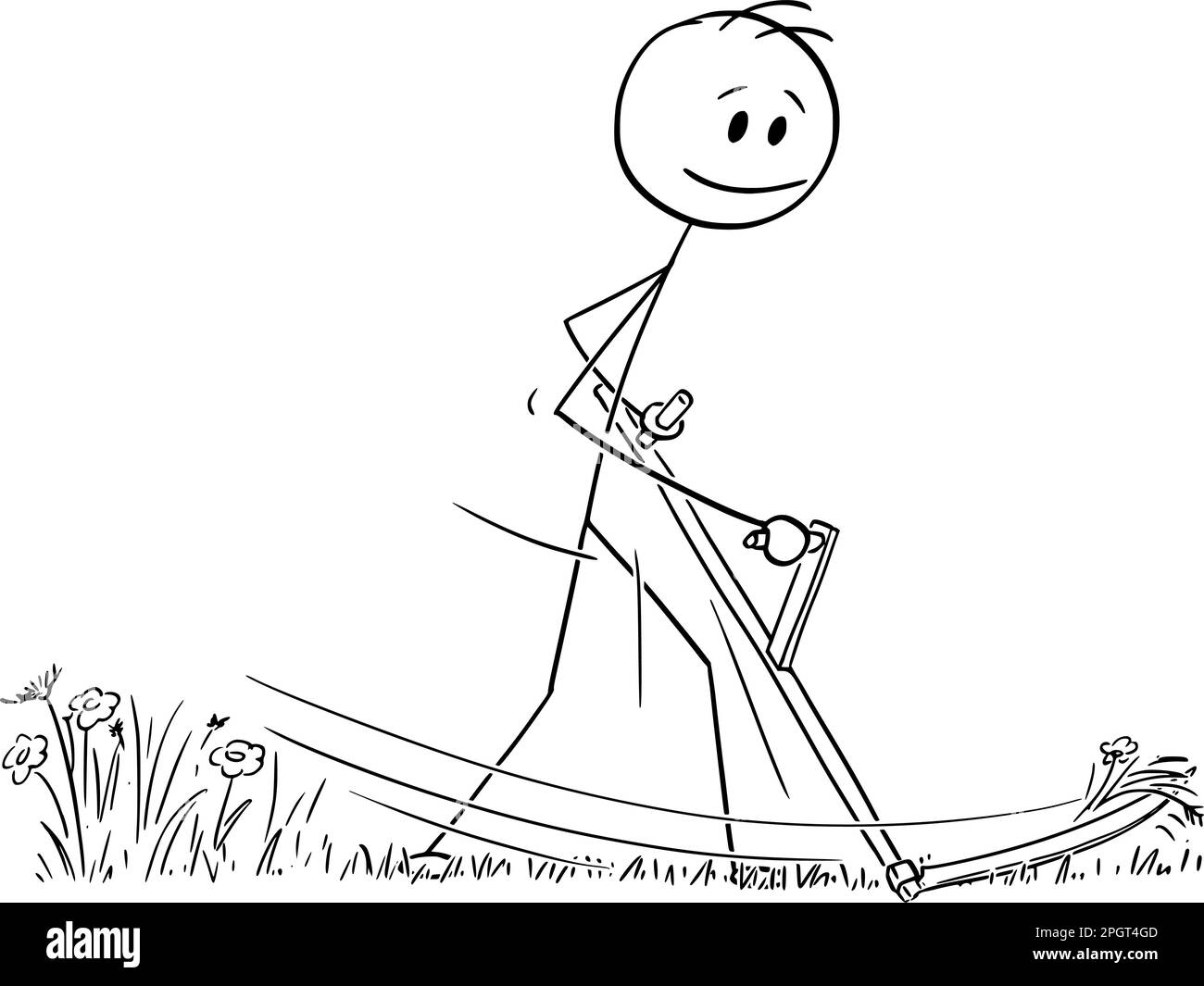 Tagliare l'erba sul prato con scythe , figura vettoriale del bastone del cartone animato o illustrazione del carattere. Illustrazione Vettoriale