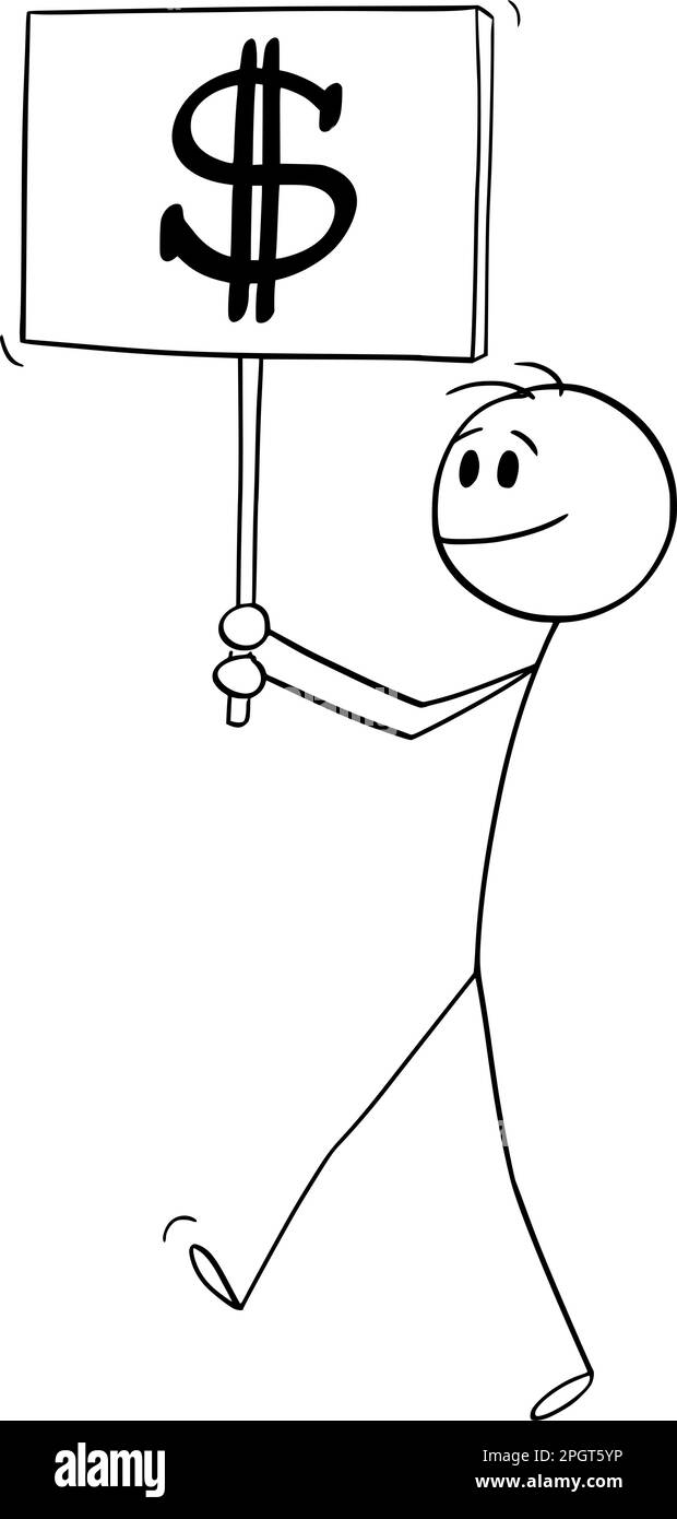 Uomo d'affari o protester che cammina con simbolo del dollaro segno, figura vettoriale del bastone del cartone animato o illustrazione del carattere. Illustrazione Vettoriale