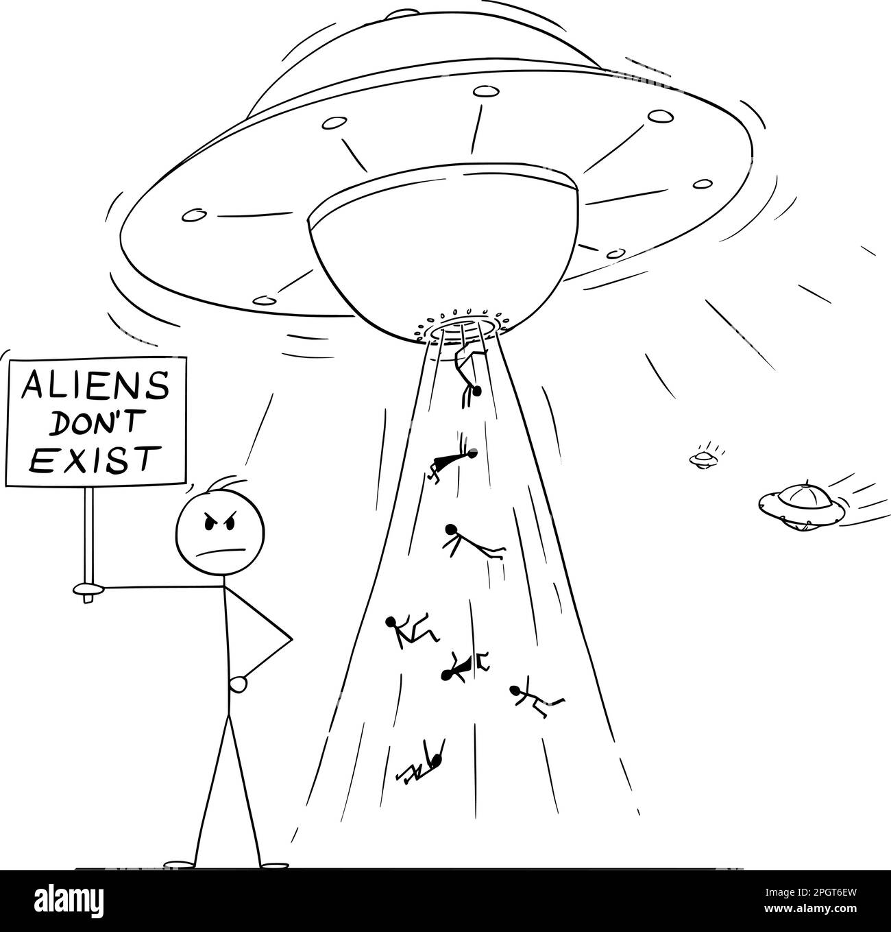 La persona con gli alieni del segno non esiste con UFO dietro, figura del bastone del cartone animato del vettore o illustrazione del carattere. Illustrazione Vettoriale