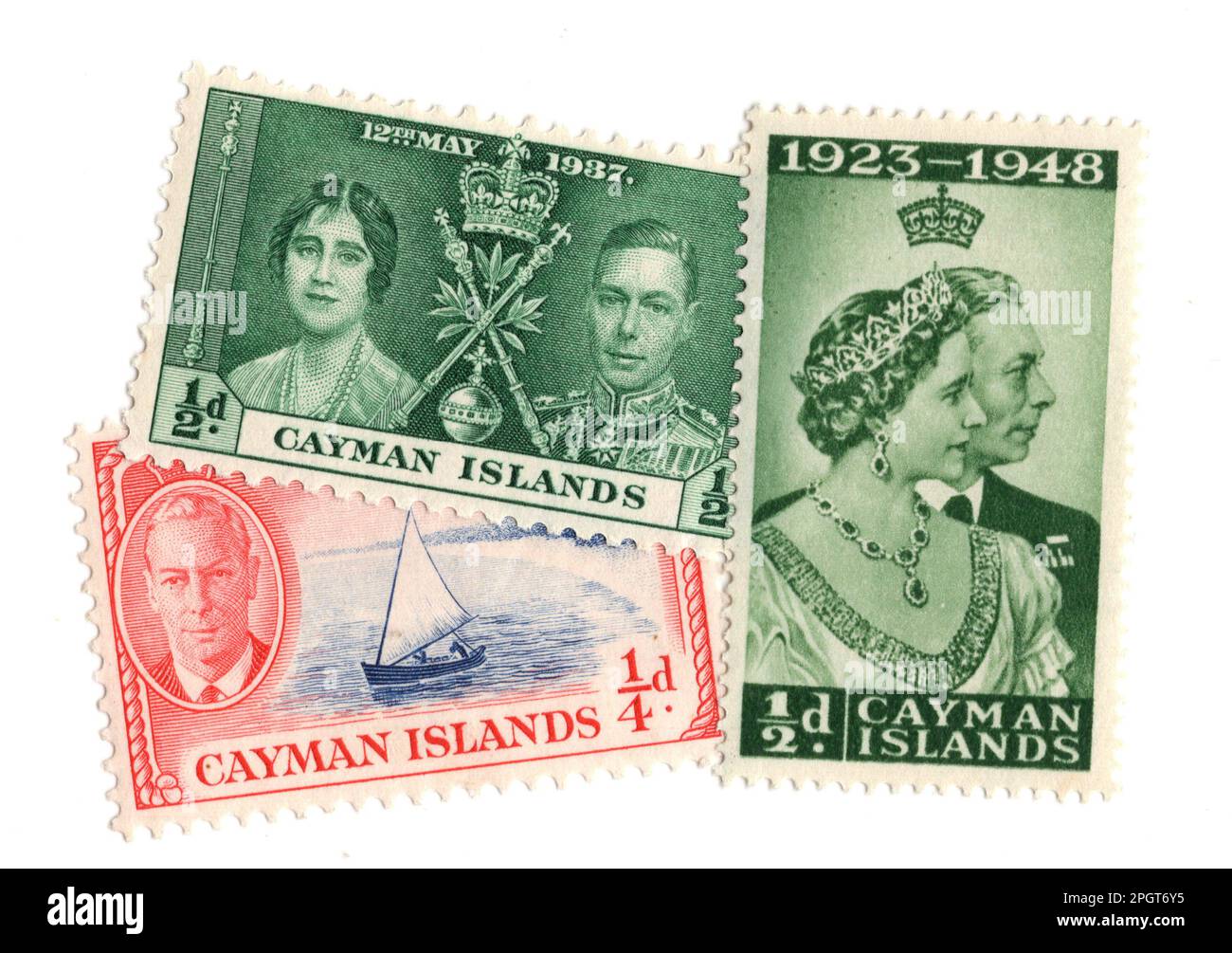 Francobolli vintage alla menta delle Isole Cayman isolati su sfondo bianco. Foto Stock