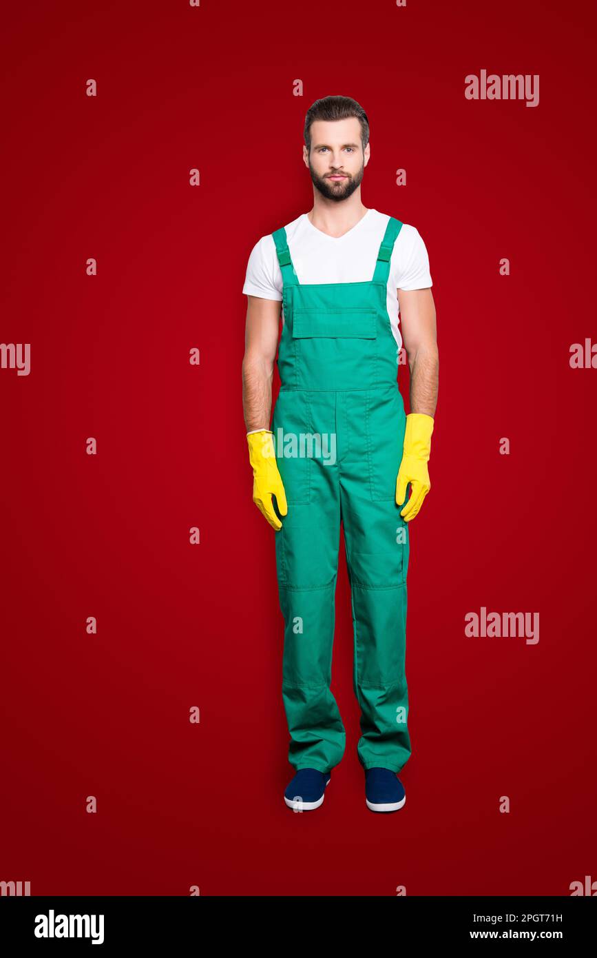 Ritratto integrale a grandezza naturale di bella e attraente bearded governante concentrata con stoppia, acconciatura in uniforme verde, isolato su grigio Foto Stock