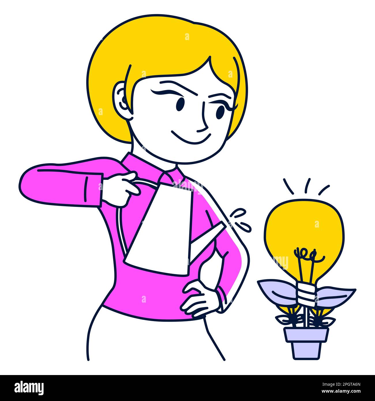 Imprenditrice femminile crescente progetto creativo, innaffiatura di impianti con lampadina. Illustrazione a vettore piatto delle idee di business e del concetto di crescita delle innovazioni Foto Stock