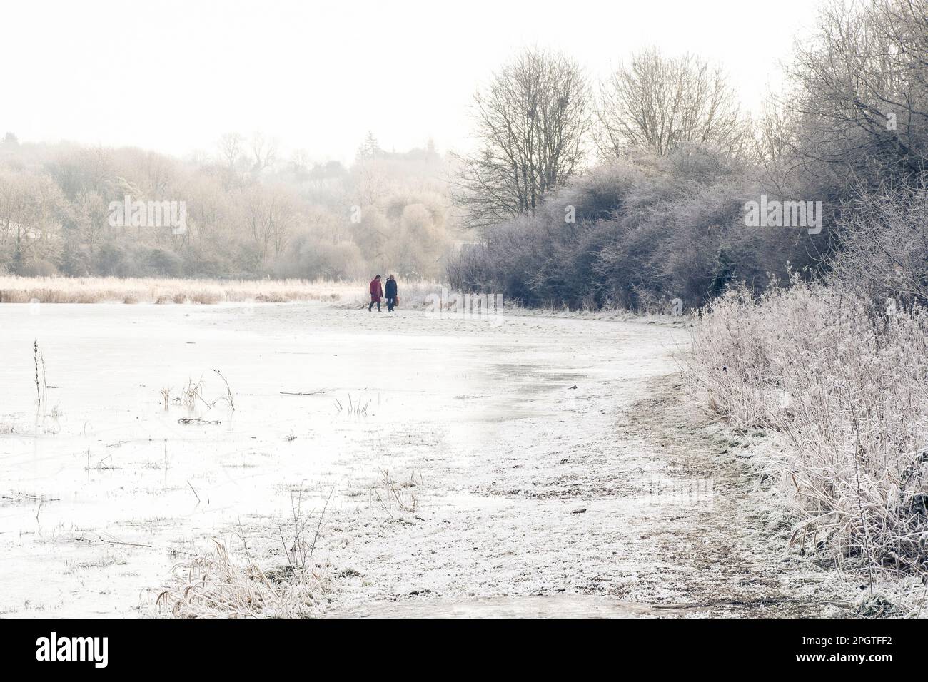 Una coppia che cammina un cane vicino a un lago ghiacciato a Welches Meadow, una riserva naturale allagata prato vicino al fiume Leam. Foto Stock