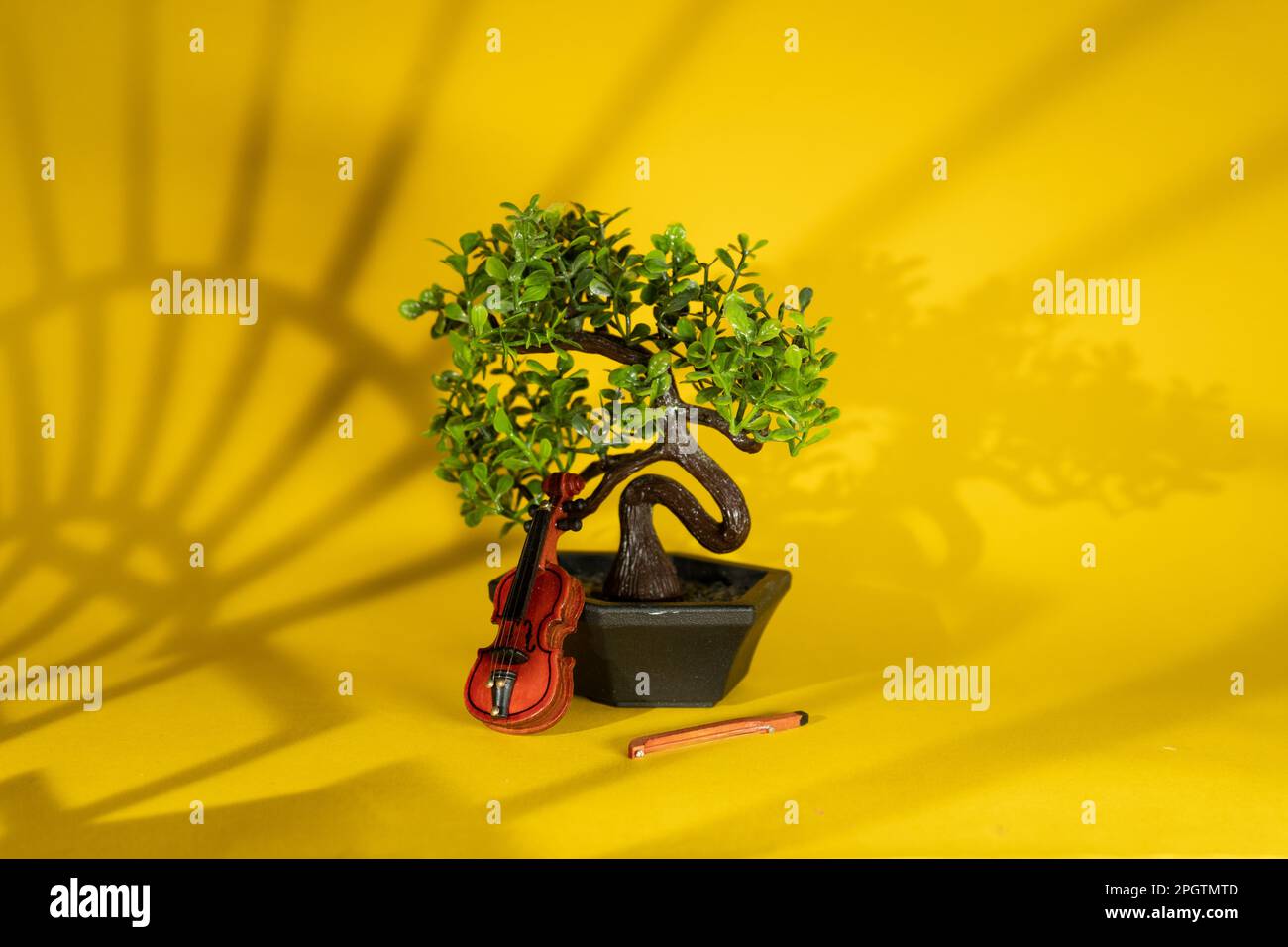 Maschera di tonalità gobo e piccolo albero decorativo di bonsai con carino violino di legno che rimane su sfondo giallo con ombre geometriche astratte. Still life su sfondo caldo, soft focus. Foto Stock