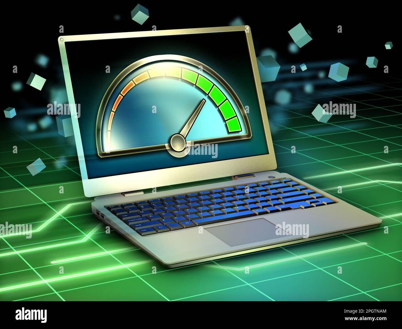 Ottimizzazione delle prestazioni di un computer portatile. Illustrazione digitale. Foto Stock