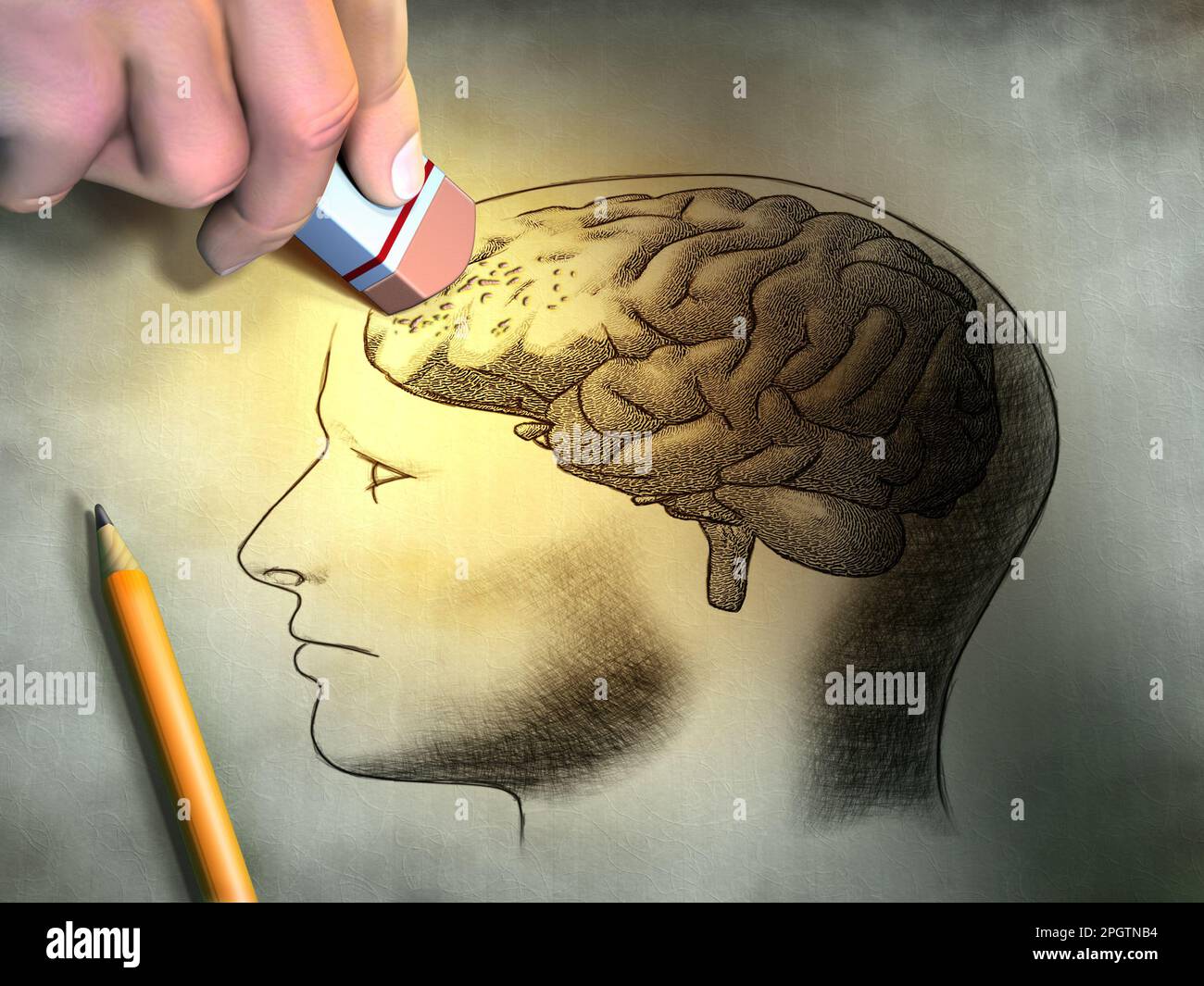 Qualcuno sta cancellando un disegno del cervello umano. Immagine concettuale relativa alla demenza e alla perdita di memoria. Illustrazione digitale. Foto Stock