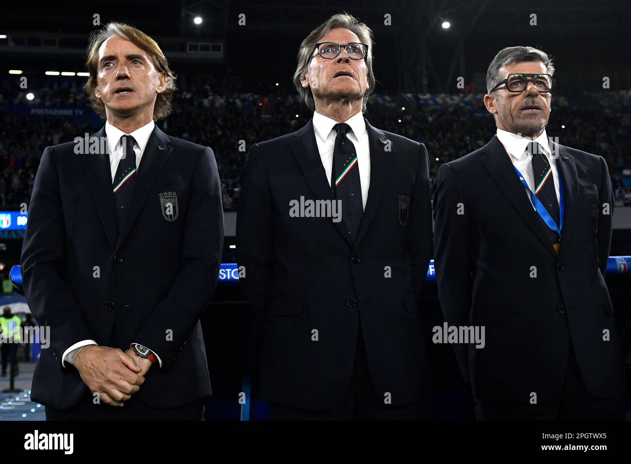Roberto Mancini capo allenatore d'Italia, team manager Gabriele Oriali e assistente allenatore Alberigo Evani in occasione della UEFA EURO2024 europea Championshi Foto Stock
