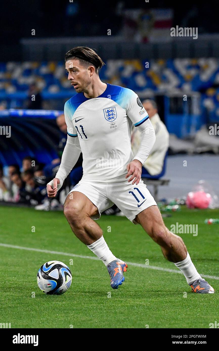 Jack Grealish d'Inghilterra in azione durante la partita di calcio di qualificazione del Campionato europeo UEFA EURO2024 di Gruppo C tra Italia e Inghilterra a di Foto Stock