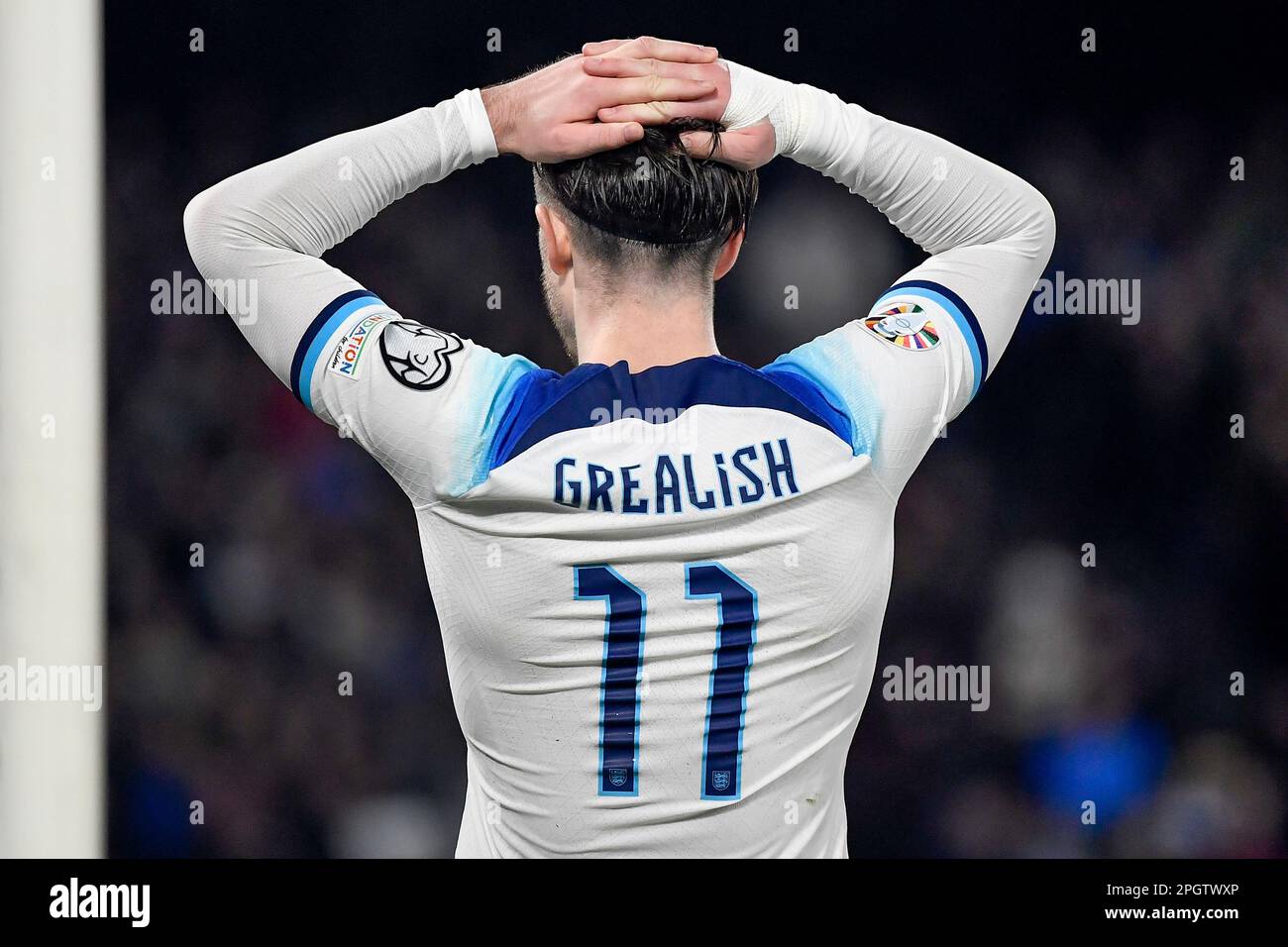 Jack Grealish d'Inghilterra reagisce durante la partita di calcio di qualificazione del Campionato europeo UEFA EURO2024 di Gruppo C tra Italia e Inghilterra a Diego Foto Stock