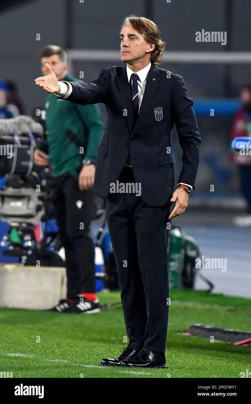 Roberto Mancini allenatore di testa d'Italia gesta durante il Campionato europeo UEFA EURO2024 Qualification Group C tra l'Italia e l'en Foto Stock