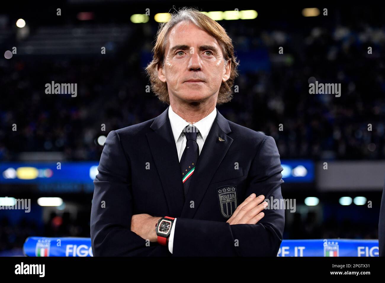 Roberto Mancini, allenatore capo d'Italia, guarda in occasione della partita di calcio di qualificazione del Campionato europeo UEFA EURO2024 Gruppo C tra l'Italia e l'en Foto Stock
