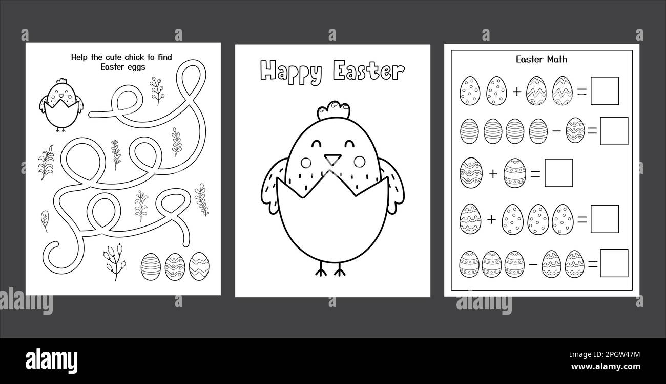 Set di fogli di lavoro di Pasqua con pulcino e uova carini. Raccolta pagine di attività primavera in bianco e nero Illustrazione Vettoriale