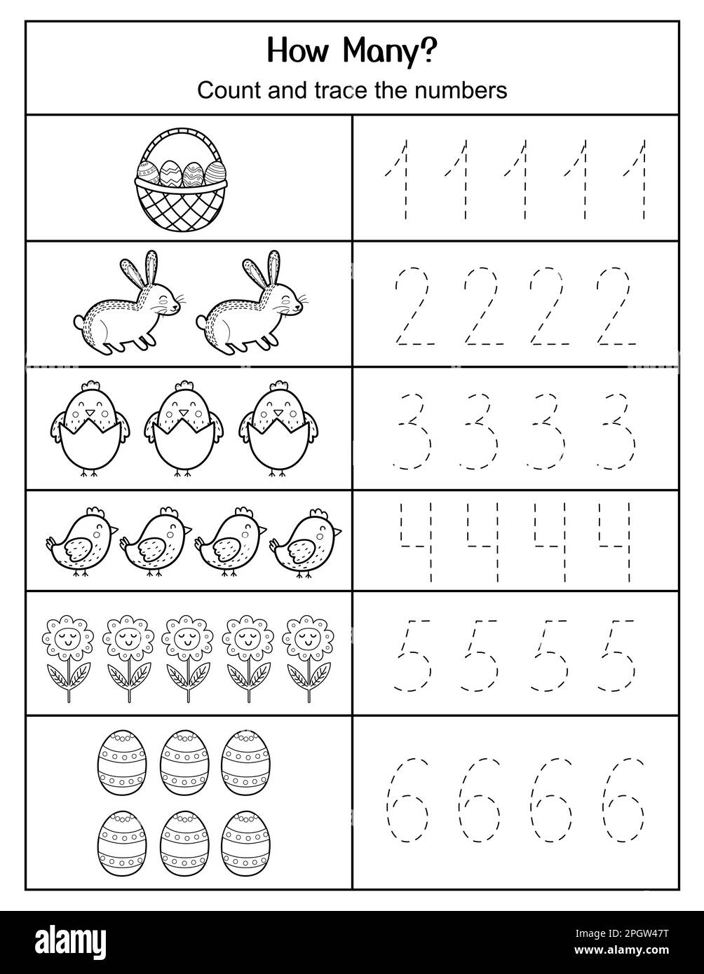 Quanti contano e tracciano il foglio di lavoro di Pasqua Numbers. Pagina attività Illustrazione Vettoriale