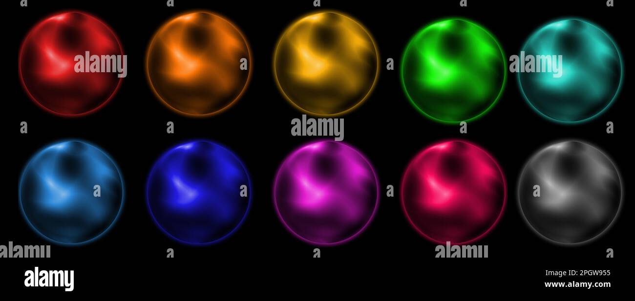 multicolore chiaro orb rosso giallo verde blu viola rosa grigio nero sfondo 3d illustrazione. Set di palline di vetro colorate in diversi colori su una bla Foto Stock