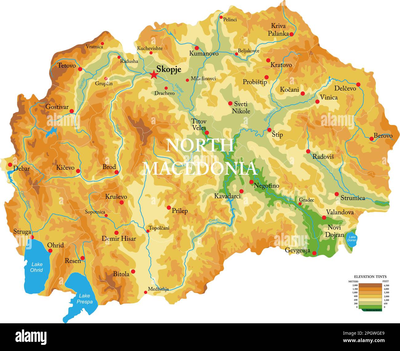 Mappa fisica molto dettagliata del Nord Macedonia, in formato vettoriale, con tutte le forme di rilievo, regioni e grandi città. Illustrazione Vettoriale