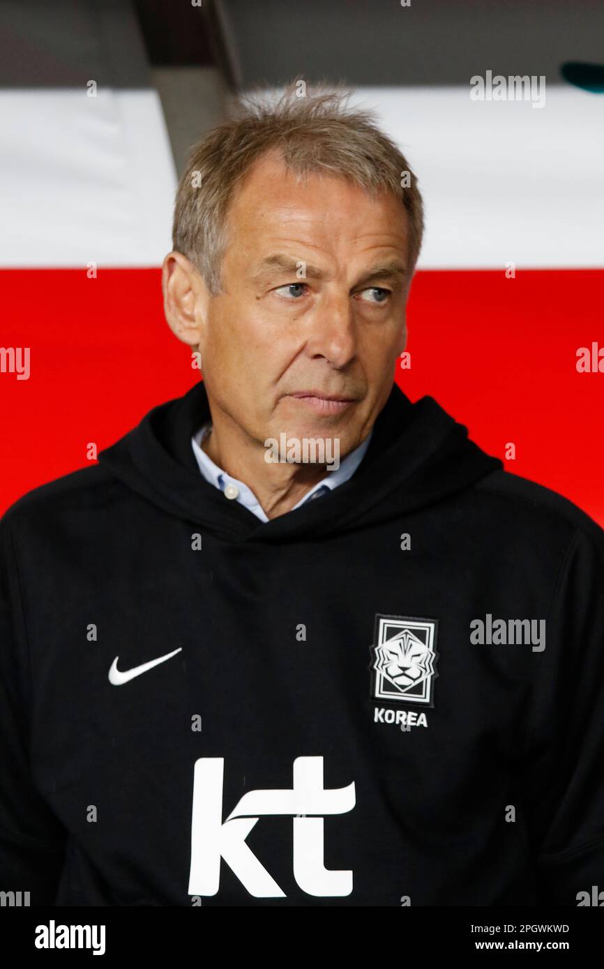 Ulsan, Gyeongnam, Corea del Sud. 24th Mar, 2023. 24 marzo 2023-Ulsan, il nuovo allenatore capo della Corea del Sud Juergen Klinsmann, guarda durante la partita internazionale amichevole tra la Corea del Sud e la Colombia allo stadio di calcio Ulsan Munsu il 24 marzo 2023 a Ulsan, Corea del Sud. (Credit Image: © Ryu Seung-il/ZUMA Press Wire) SOLO PER USO EDITORIALE! Non per USO commerciale! Foto Stock