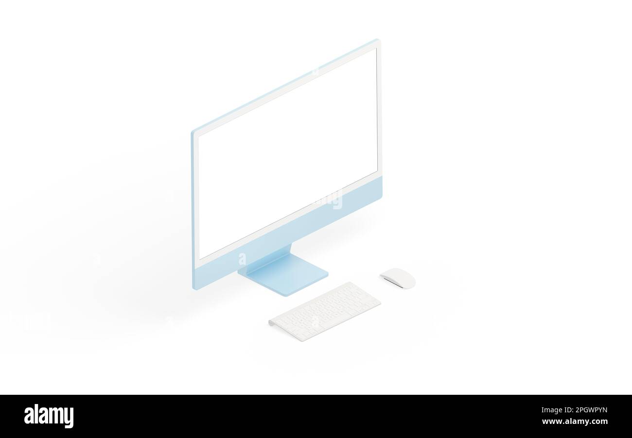 Moderno display per computer, tastiera e mouse su superficie bianca. Posizione isometrica. Schermo isolato per il mockup Foto Stock