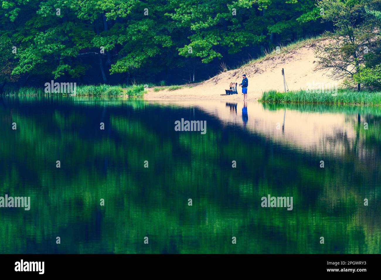 Pescatore e riflessione sul lago Hamlin nel Ludington state Park vicino a Ludington, Michigan, USA. Foto Stock