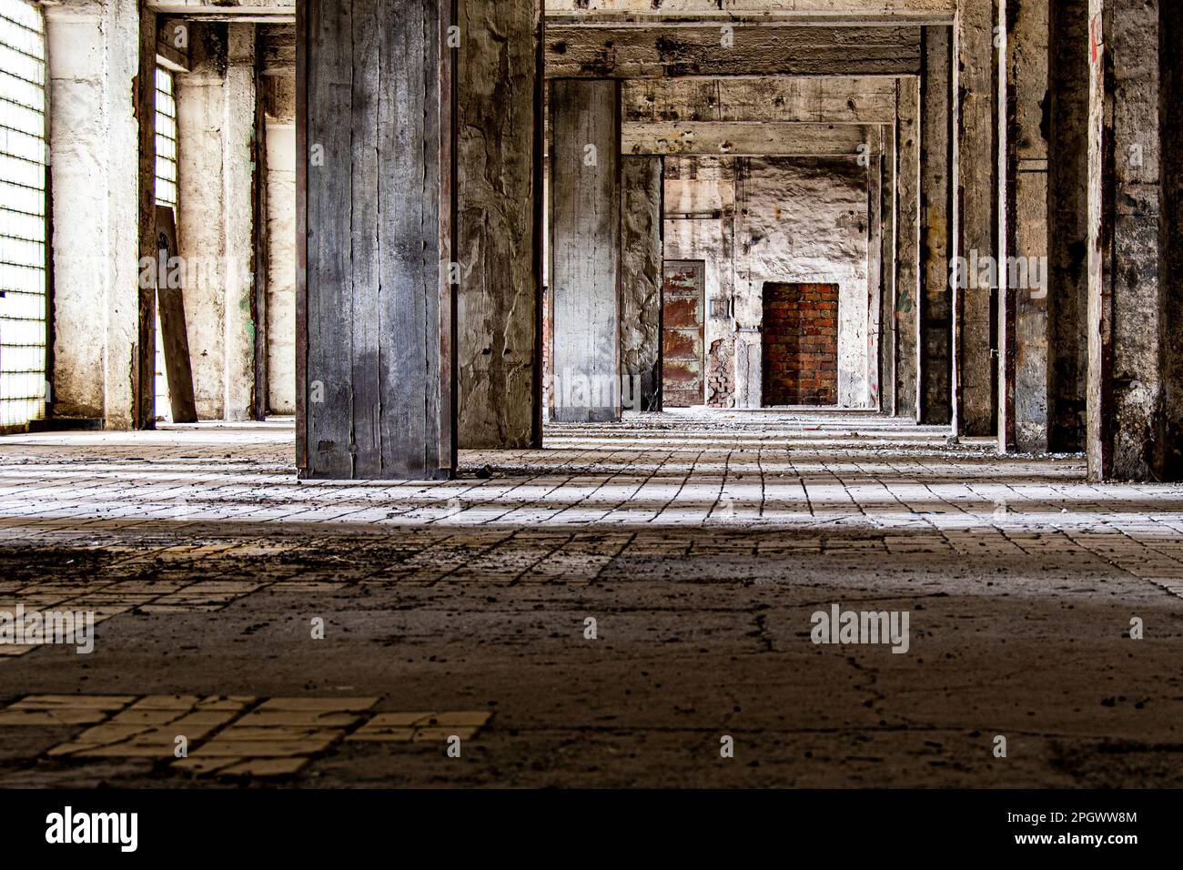 Hall vuota sporca con colonne in cemento e finestre in vetro Foto Stock