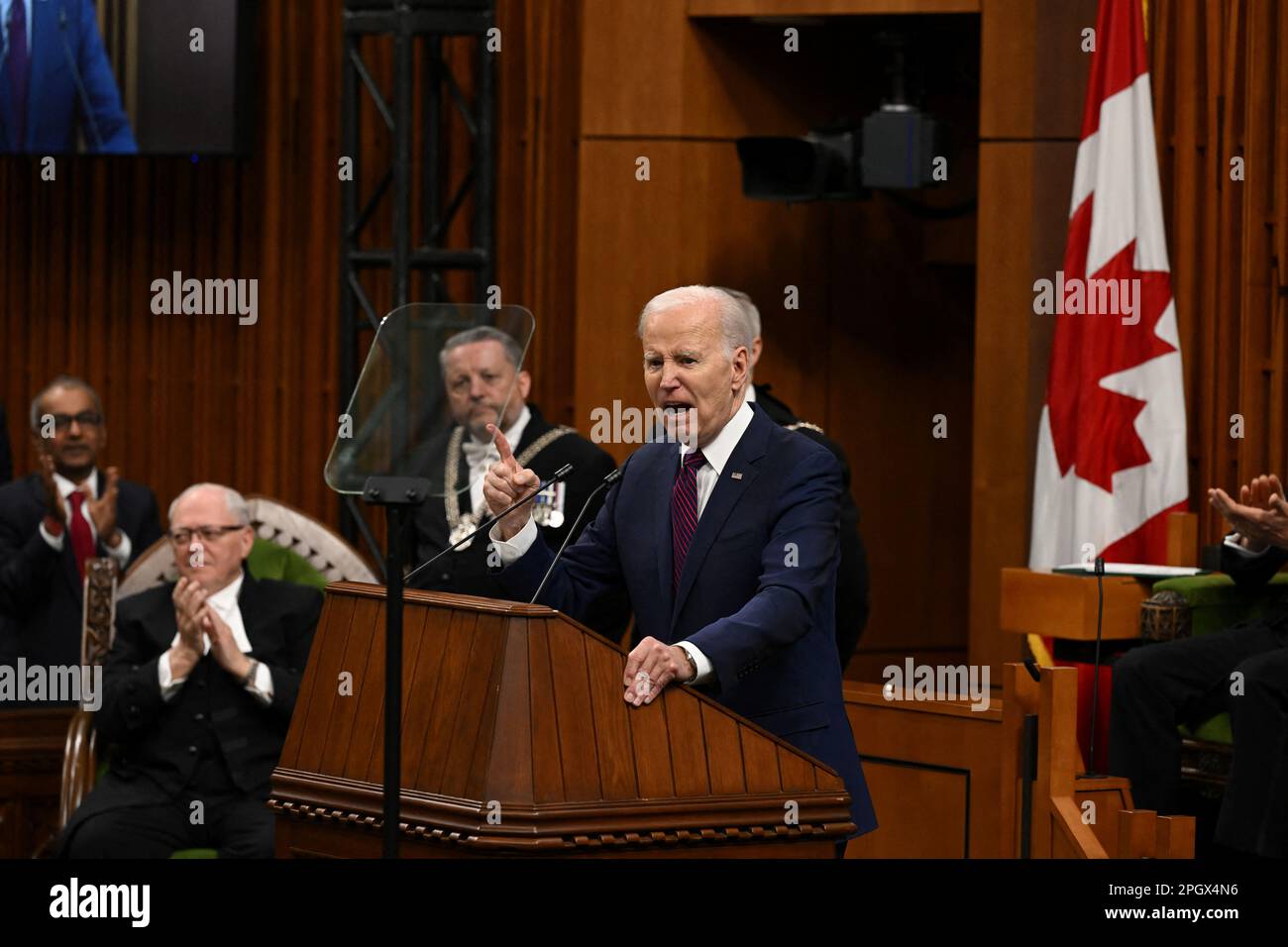 STATI UNITI Il presidente Joe Biden parla al Parlamento canadese, a Ottawa, Canada, Mach 24, 2023. Kenny Holston/Pool tramite REUTERS Foto Stock