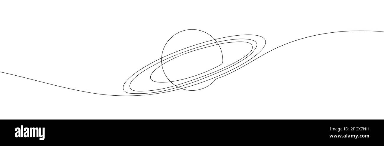 Una linea continua che traccia il pianeta Saturn. Concetto di spazio esterno. Illustrazione grafica vettoriale con disegno a linea singola Illustrazione Vettoriale