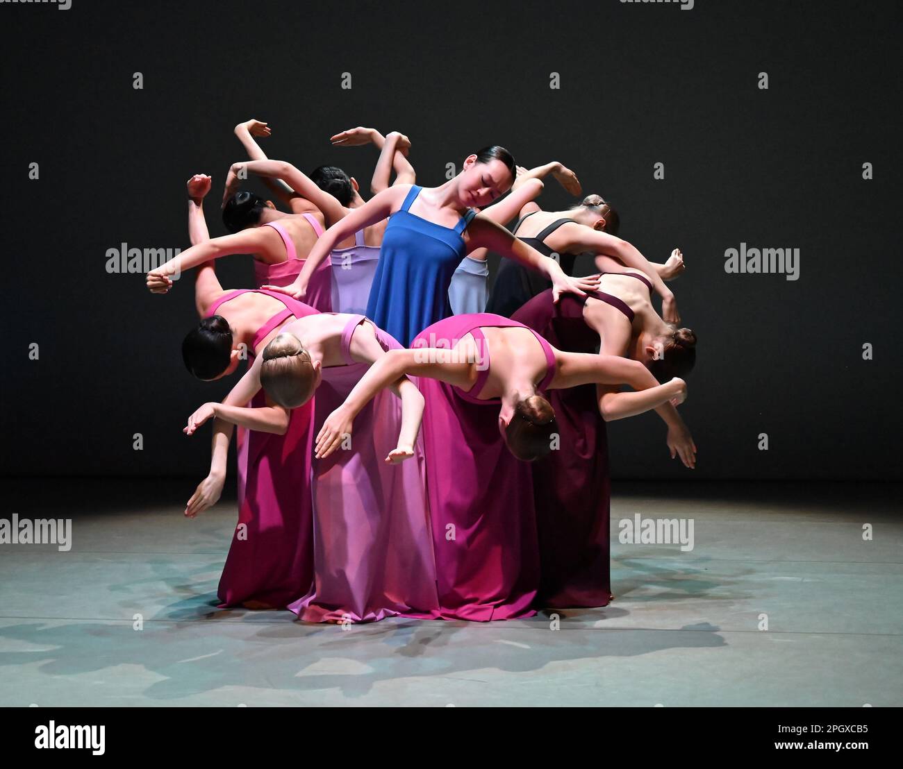 I giovani e gloriosi ballerini della Royal Swedish Ballet School eseguono estratti dell'opera seminale di Cohan del 1975, Stabat Mater . Una serata di coreografia per onorare l'eredità del leggendario coreografo Robert Cohan , il padre fondatore della danza contemporanea in questo paese, sarà eseguita presso il luogo il 24 e 25 marzo 2023. Questo pezzo sarà eseguito dagli studenti della Royal Swedish Ballet School . Foto Stock