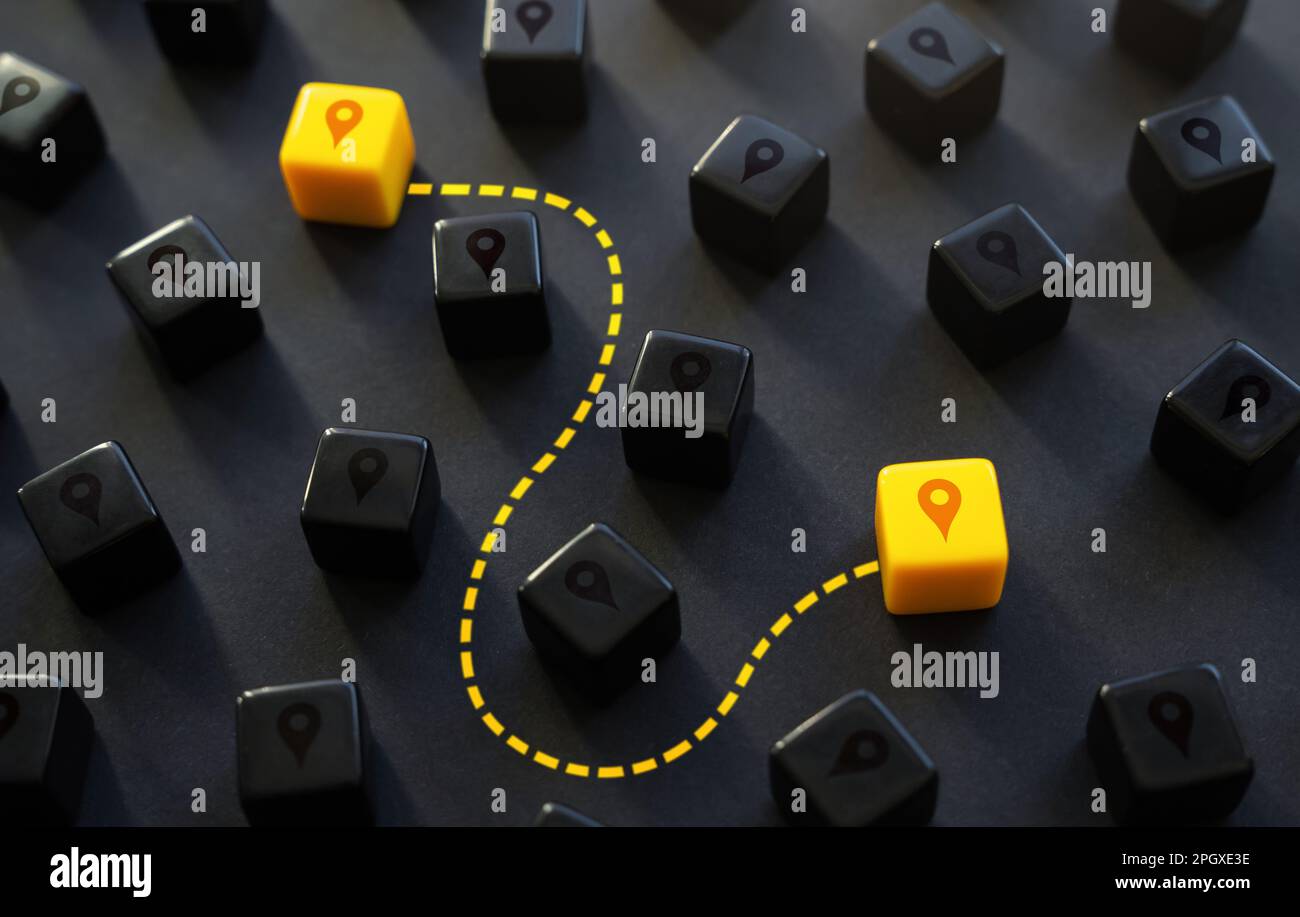 Pianificare un percorso. Fare un percorso tra i luoghi. Guida sui luoghi di interesse e sulle destinazioni. Navigazione. Cerca nuovi luoghi di viaggio. Turismo. Servizio di trasporto Foto Stock